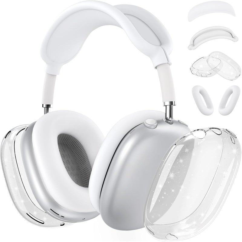 MINDRESY [4 in 1] Silicone Case Cover for AirPods Max,Clear Soft TPU Ear Cups Cover/Ear Pad Case/Headband Cover for AirPods Max(2024/2020),Transparent Accessories for Apple AirPod Max (USB-C),Glitter White - Image 1